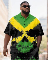 Men's Plus Size Green Yellow Black Colorblock Skull Print Short Sleeve Polo Shirt Shorts Suit